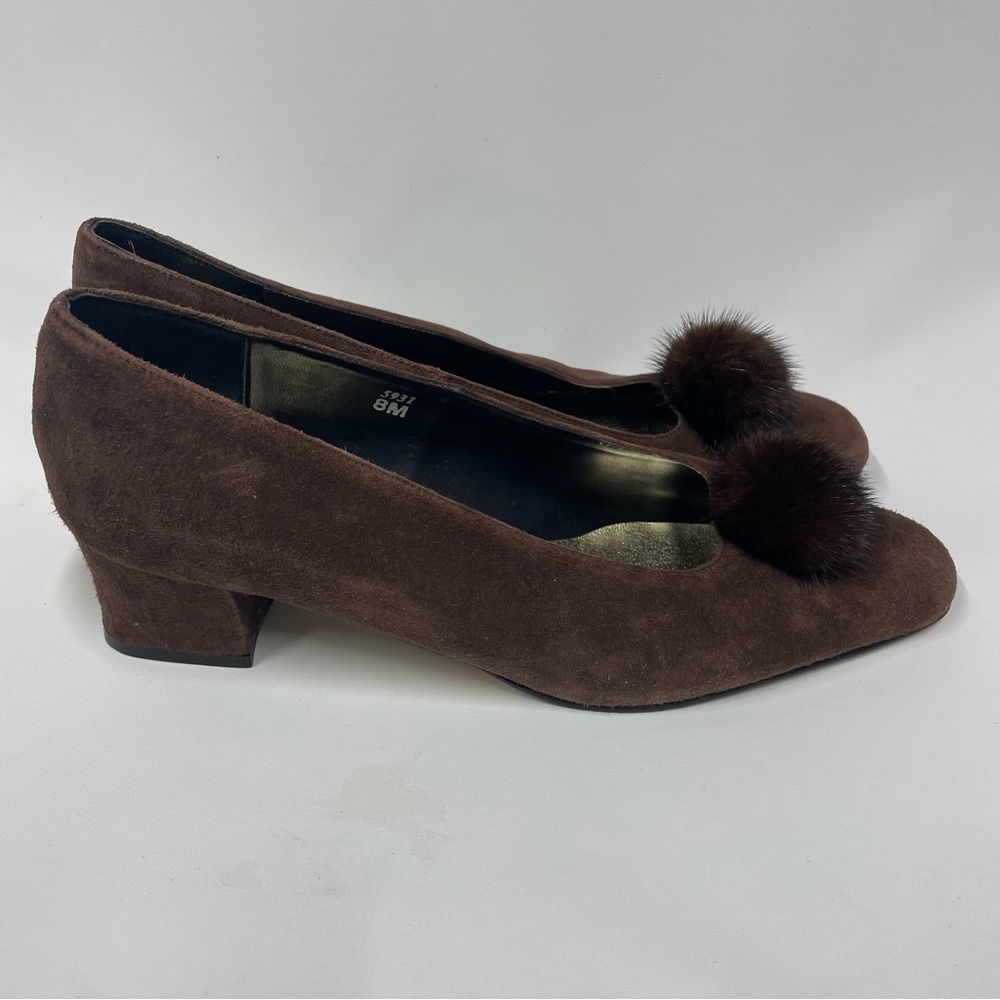 J. RENEE Brown Suede Leather Heel Pumps with Mink Fur Puff Ball Sz. 8 M - Picture 2 of 8